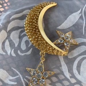 Crescent 🌙 moon goldstone 5 in brooch crystal stars ~ dangle New vintage 🥰